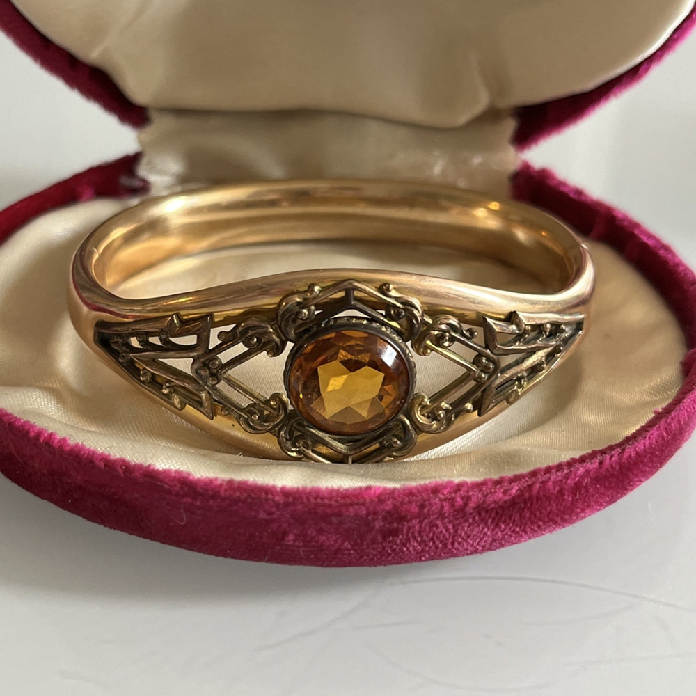 Victorian Era Gold Filled Bracelet - Amber Glass Stone Clamper Beautiful!